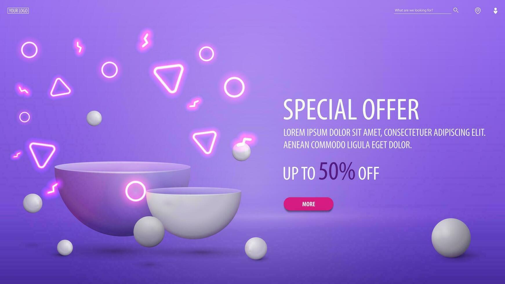 Special offer, violet discount banner with empty semicircular pedestals with realistic bouncing spheres around.. 3d illustration with offer vector