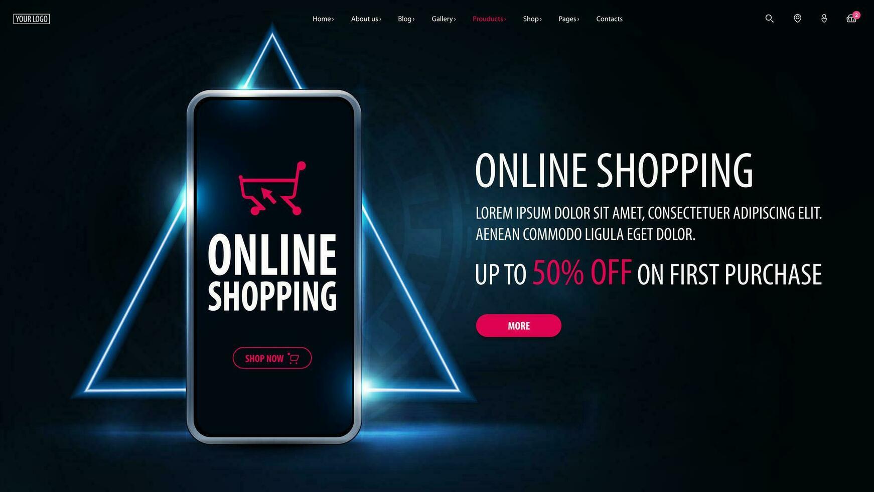 Online shopping, dark and blue web banner with smartphone and hologram of triangular frame on dark background. vector