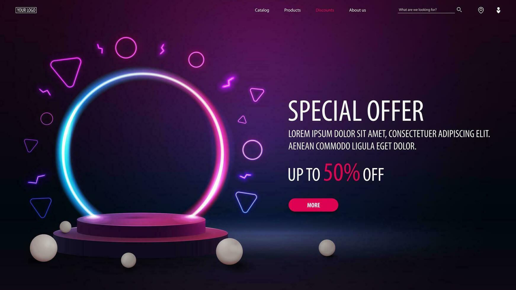 Special offer, discount banner with empty podium floating in the air with line gradient neon ring on background. vector