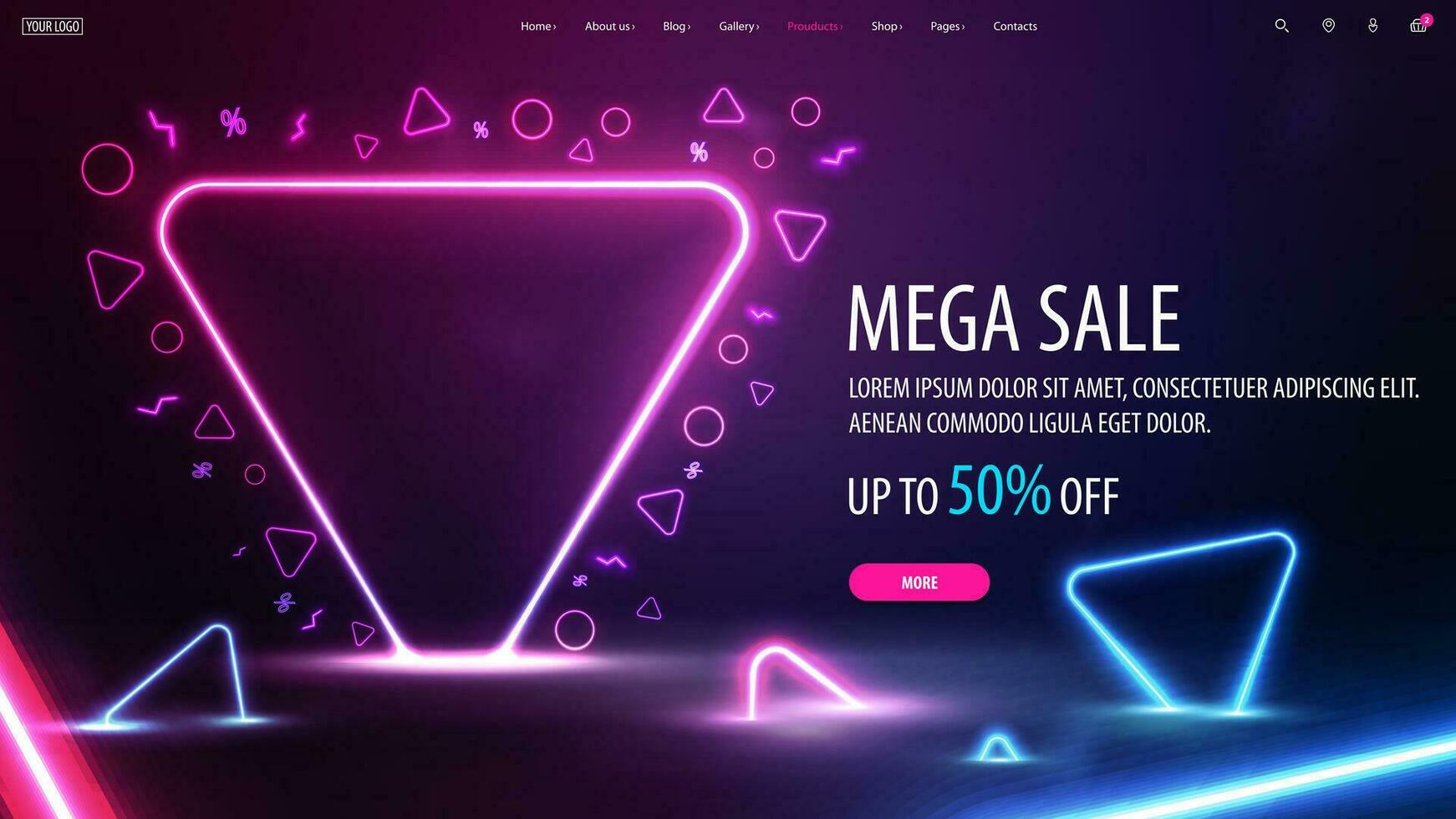 Mega sale, dark discount banner with offer and neon pink frame on dark scene with neon blue and pink triangles around vector