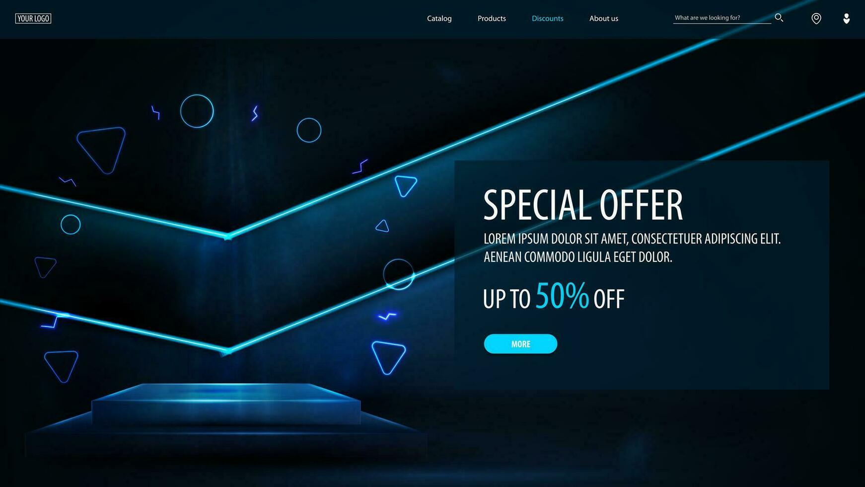 Special offer, dark discount banner with empty rectangular podium for product presentation in empty room with neon blue large arrows on wall. vector