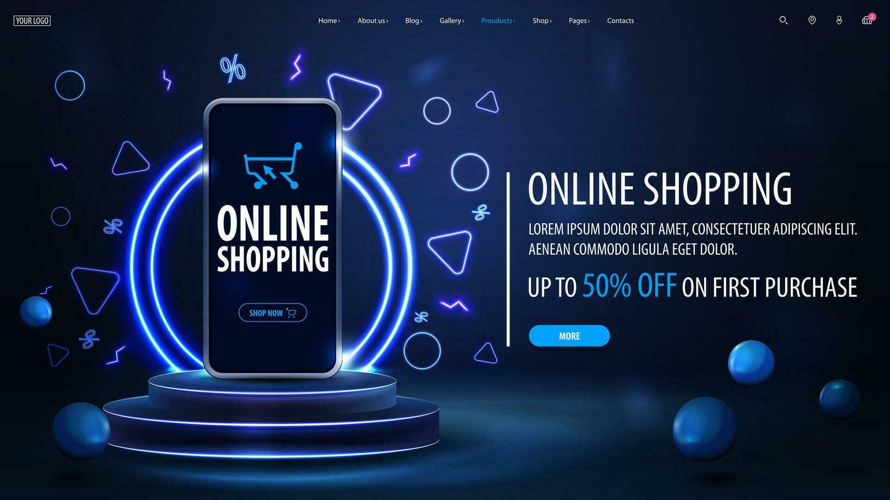 Online shopping, blue web banner with smartphone on blue podium with blue neon rings vector