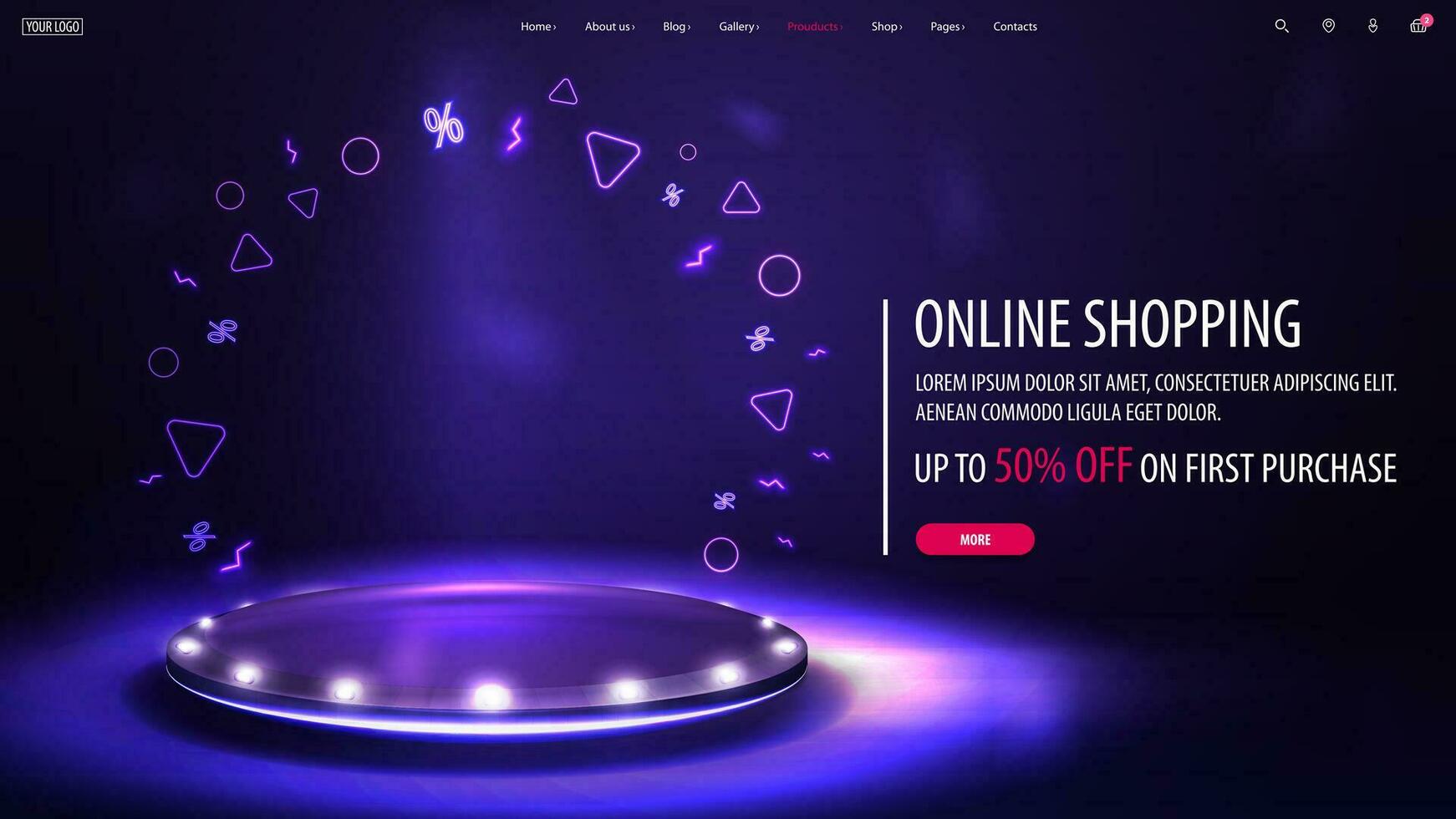 Online shopping, purple discount banner with offer and purple podium vector