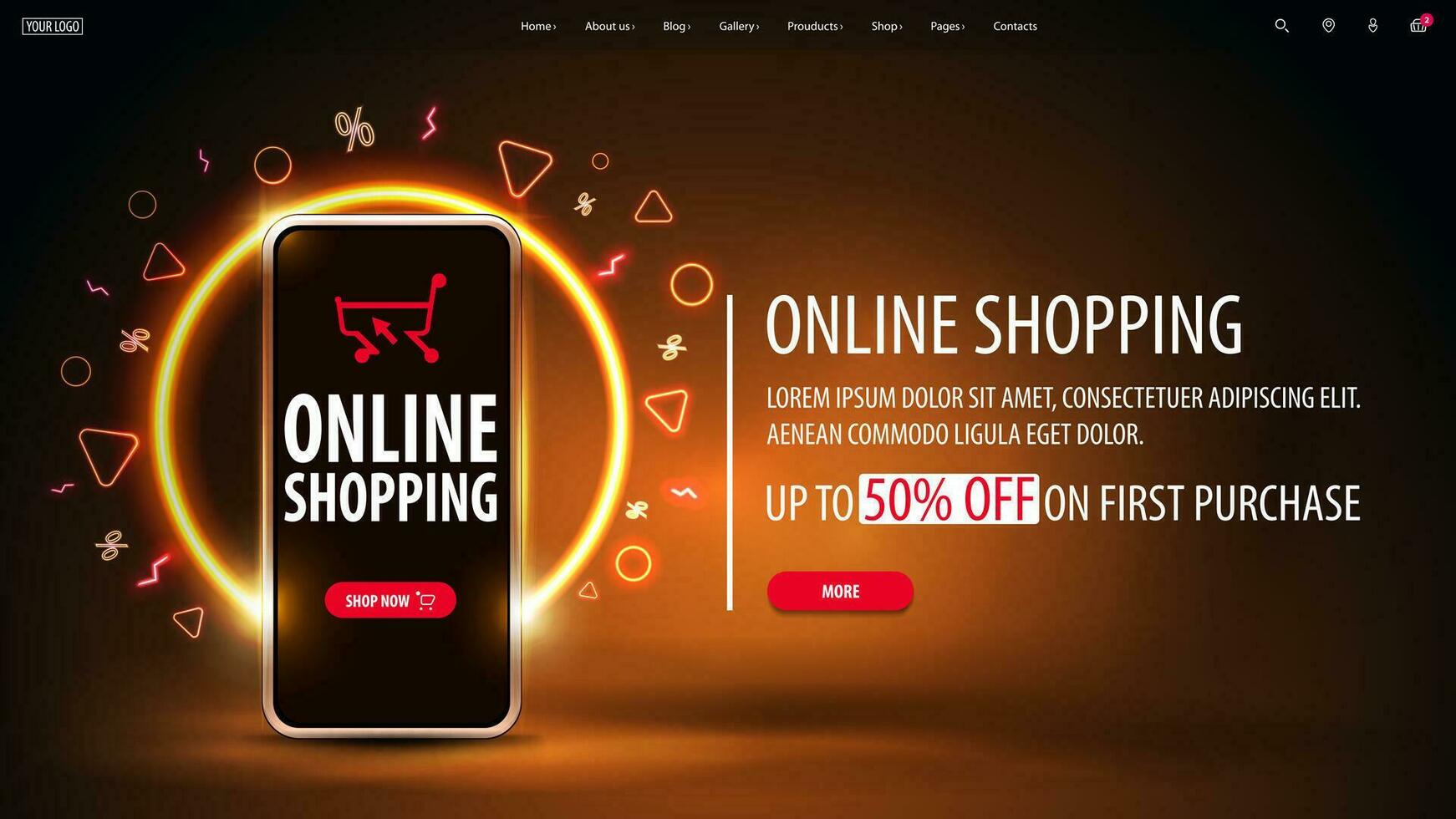 Online shopping, orange discount banner with offer, smartphone and circle neon ring background vector