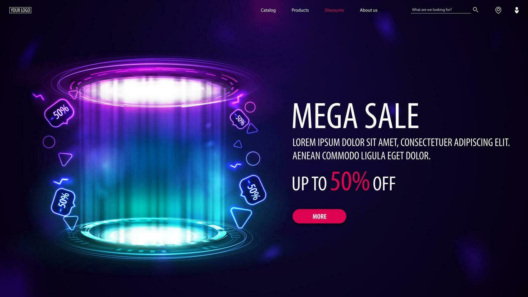 Mega sale, dark discount banner with offer and blue and pink digital podium with hologram digital rings in dark room vector