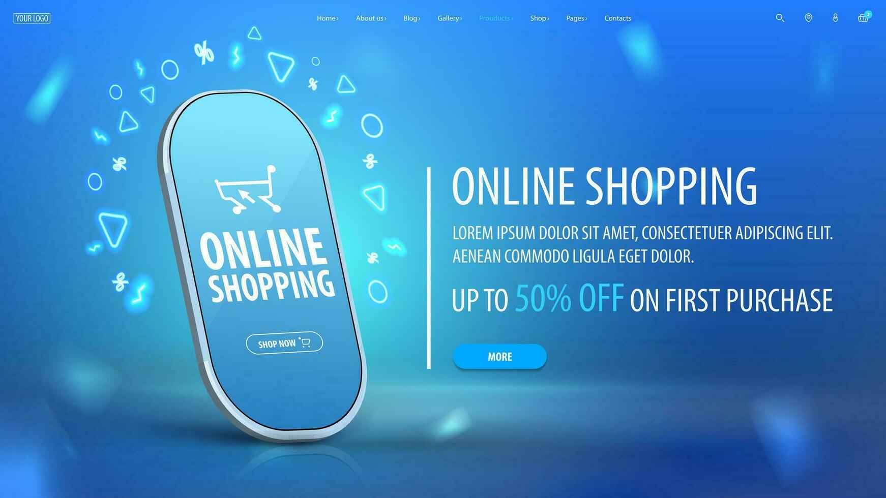 Online shopping, blue discount web banner with offer and smartphone on blurred background vector