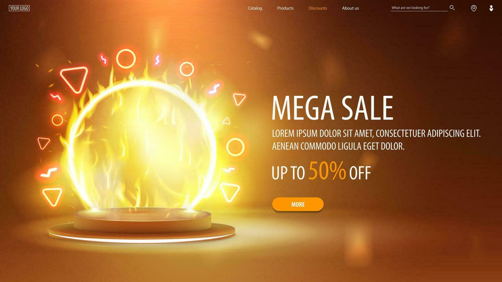 Mega sale, orange discount banner with offer and empty 3d fire podium with fire ring on background vector