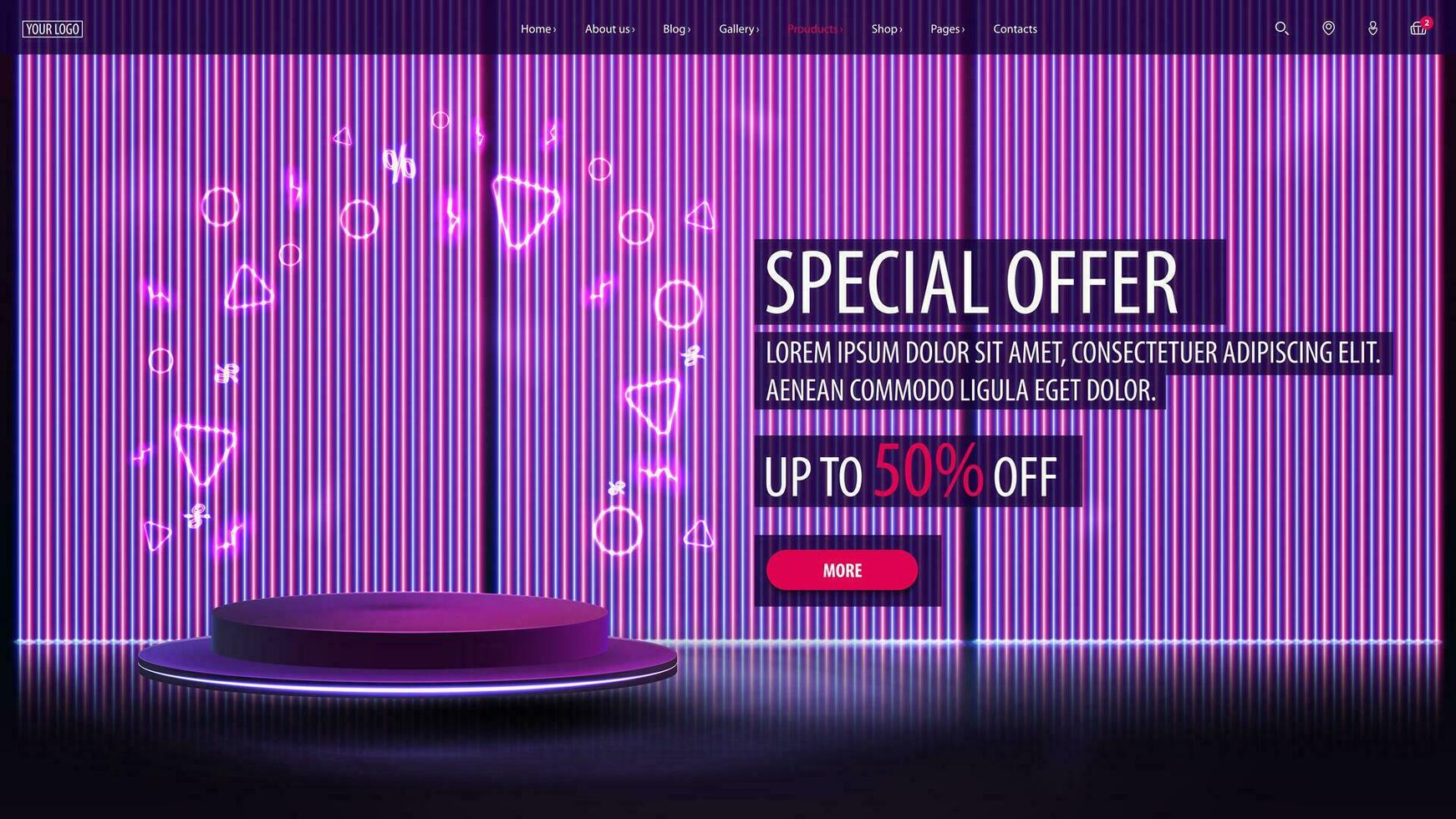 Special offer, discount banner with empty purple podium floating in the air with line neon pink and blue wall on background vector
