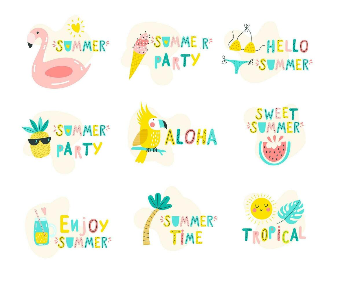 verano conjunto de mano dibujado letras frases diseño elemento para póster, saludo tarjeta. vector ilustración