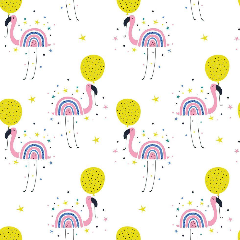 Seamless pattern of flamingo with balls. Vector illustrations
