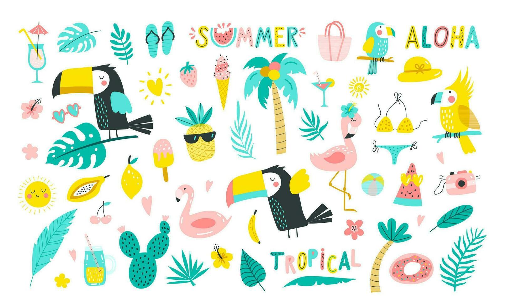 Set of summer elements  palm leaves, tropical flowers, flamingo, toucan, Tropical collection of stickers for summer design, scrapbooking and postcards. Vector illustrations