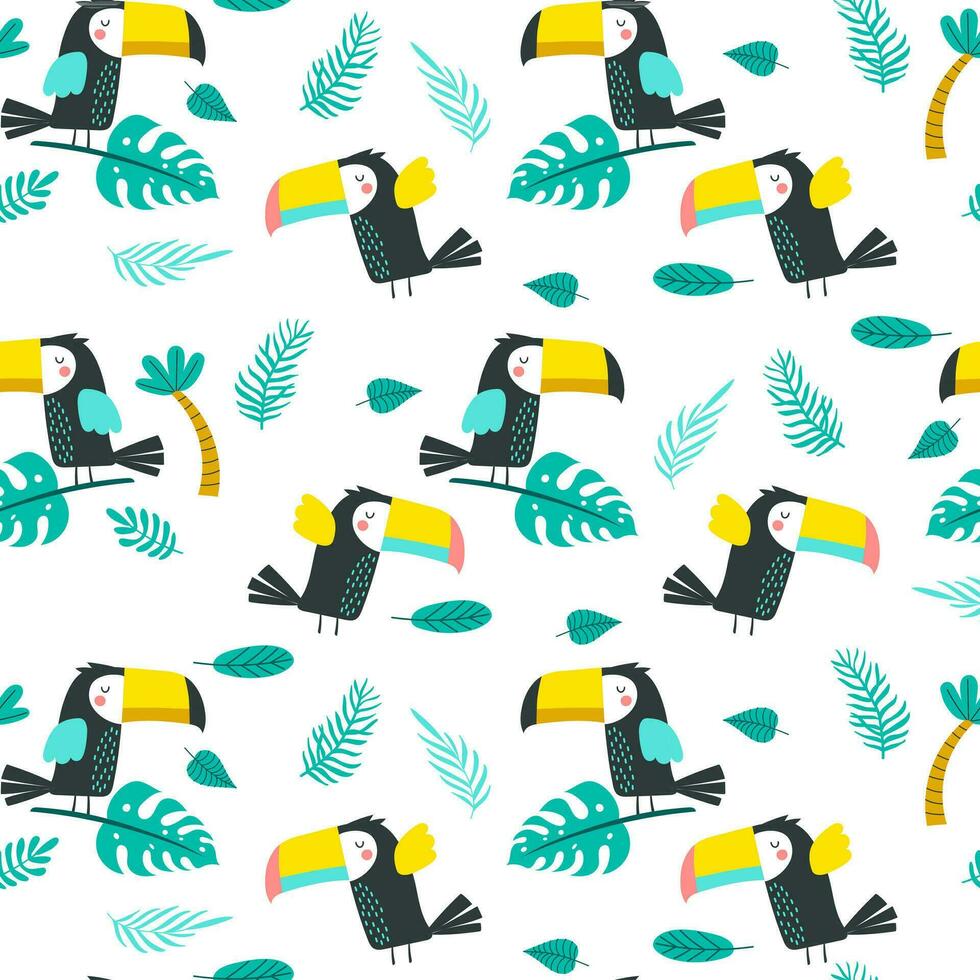 Summer seamless pattern with palm leaves, tropical flowers, flamingo, toucan. Vector illustrations