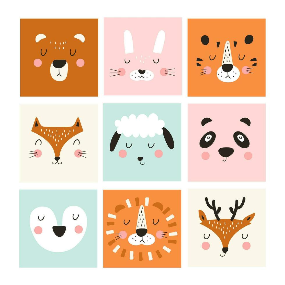 linda animal cara carteles conjunto . mano dibujado guardería personaje tarjeta para gráfico, imprimir, tarjeta o póster. vector ilustración