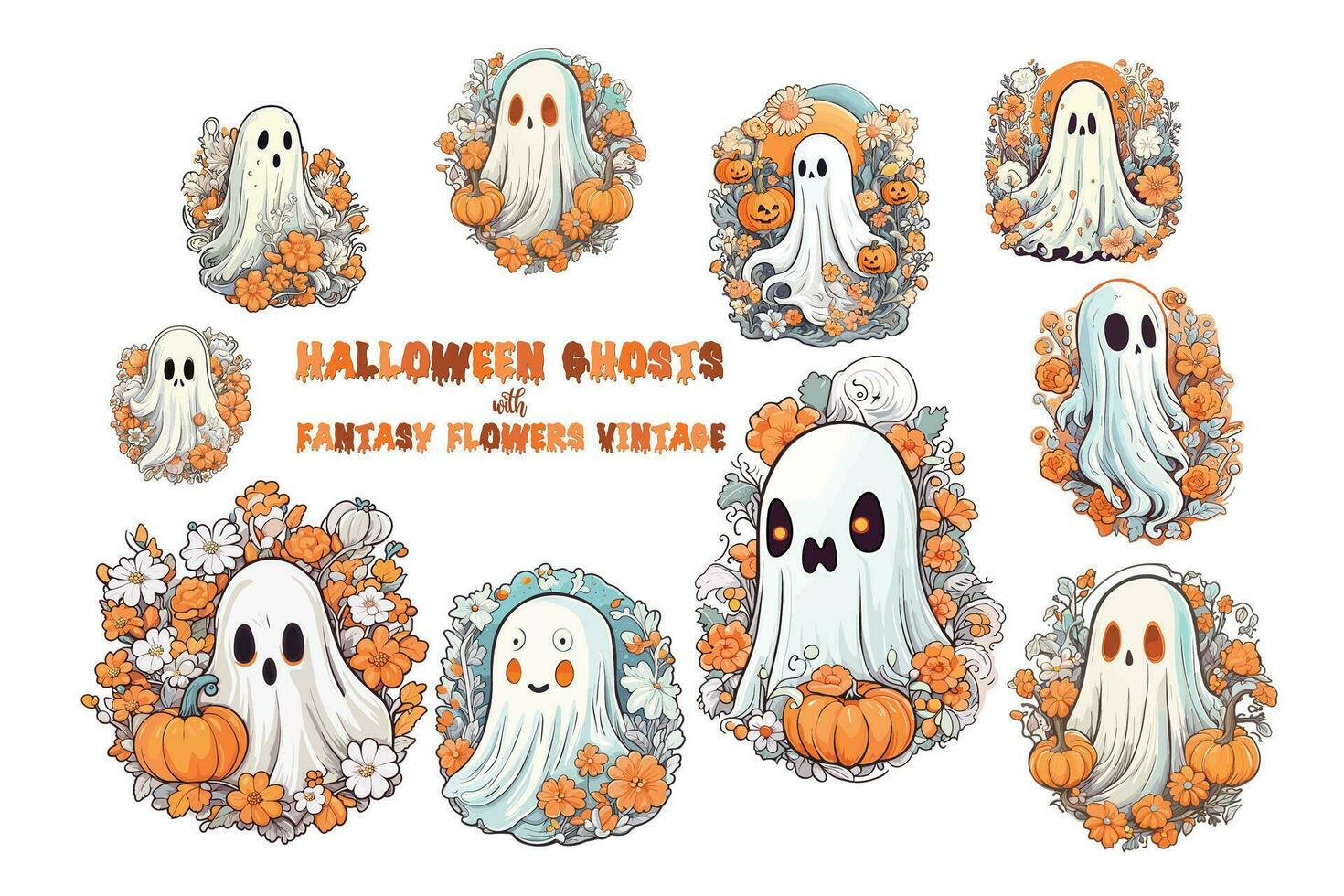 Halloween ghosts with fantasy flowers vintage set. vector