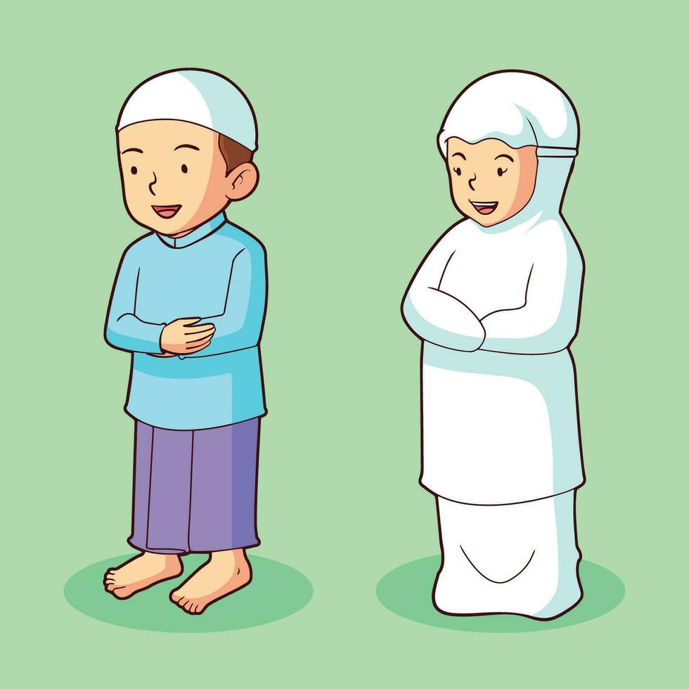 muslim boys and girls praying vector