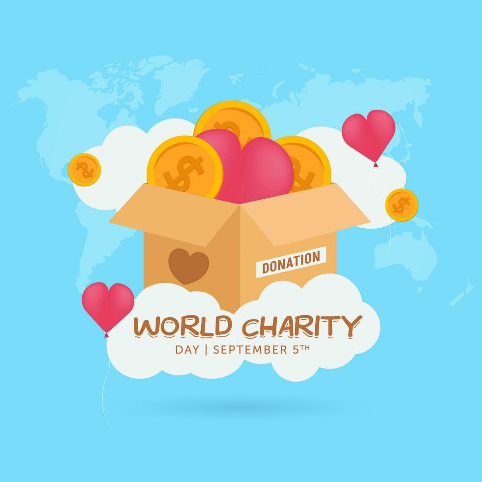 mundo caridad día septiembre 5to bandera con caja monedas y hogar forma globos ilustración vector