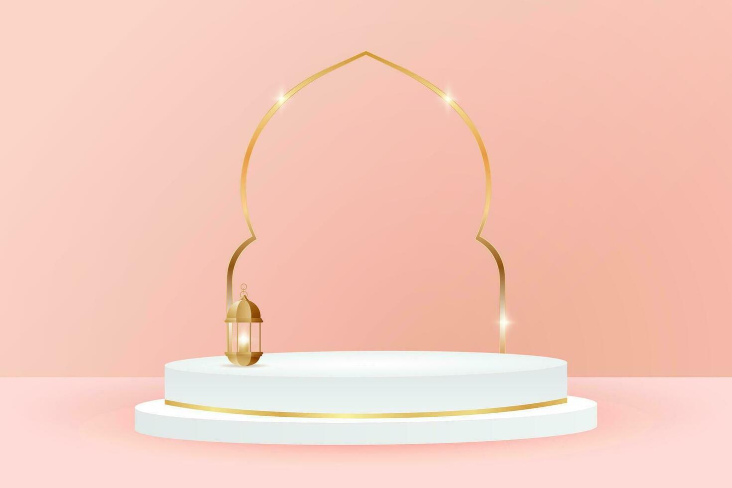 Product display background illustration with Islamic theme mosque portal frame podium and peach color tone vector
