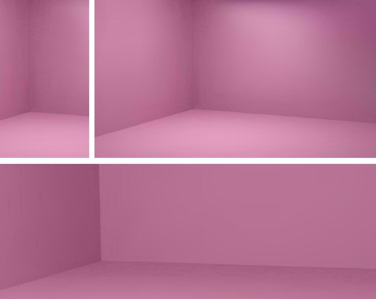 Vector pink corner room in abstract studio 3d eps design. Empty interior space scene set with light inside. Stories angle place render and hall area modern mockup illustration. Photo shoot in house.