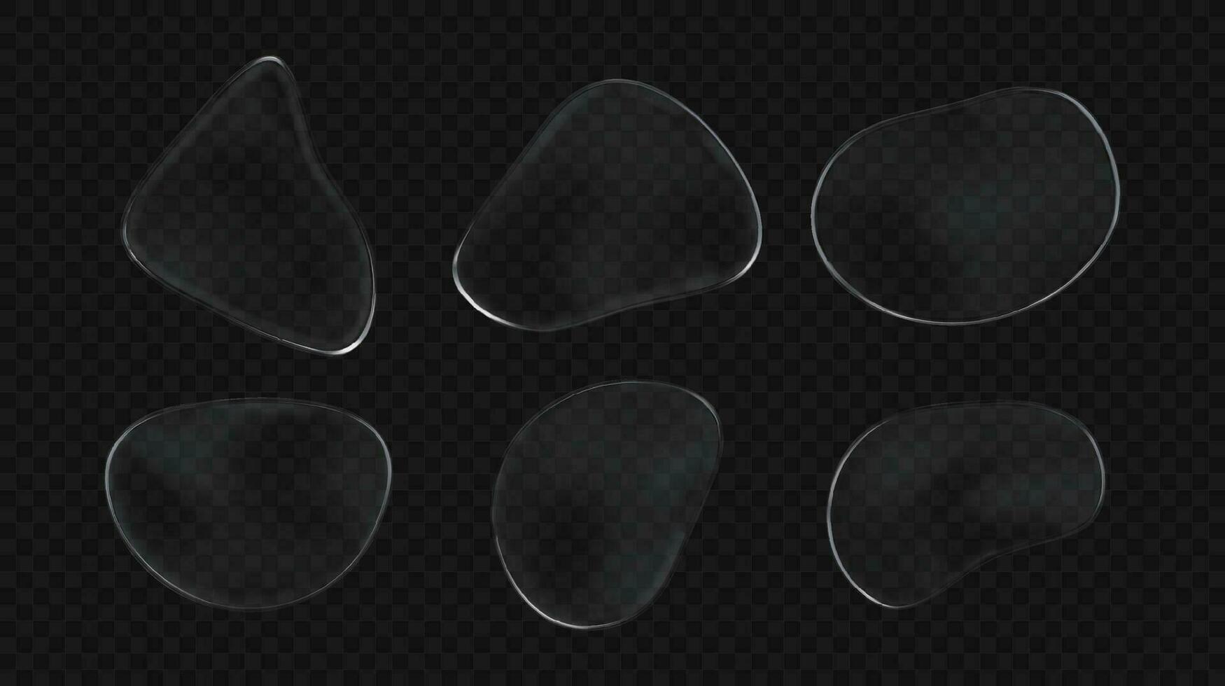 3d glass clear transparent blob shape. Realistic glossy drop bubble isolated illustration. Pure shiny set with white reflection. Modern fluid gloss effect texture plate figure mockup. Round template. vector