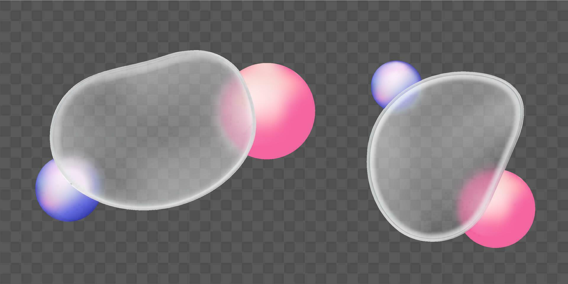 3d glass morphism blob shape set with gradient blur effect. Abstract vector frame texture with geometric glossy plate elements. Pink and purple round sphere bubble near frosted object icon graphic.