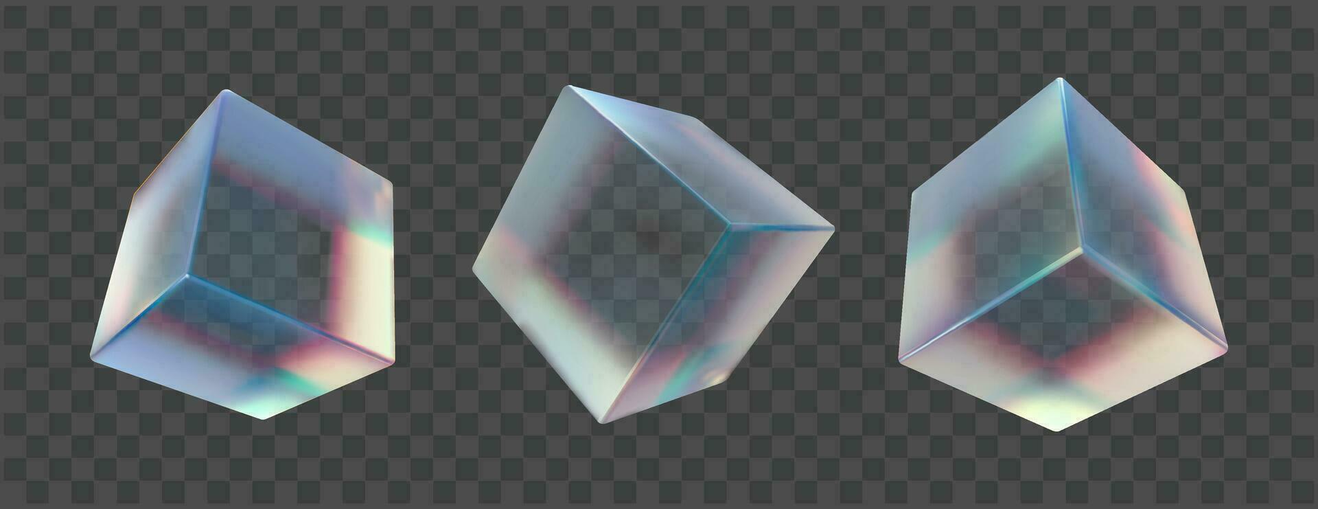 3d transparent flying cube box with crystal prism dispersion. Abstract futuristic translucent object with light spectrum reflection and holographic texture collection. Rough mat plexiglass material. vector