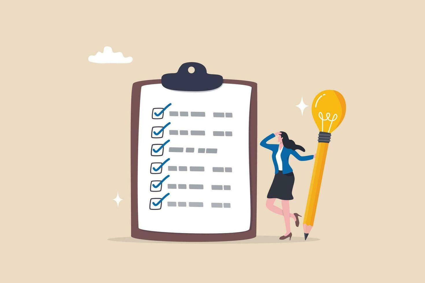 Survey or feedback opinion, checklist of completion or questionnaire form, evaluation or assessment review, checkbox clipboard concept, businesswoman complete survey with lightbulb pencil. vector