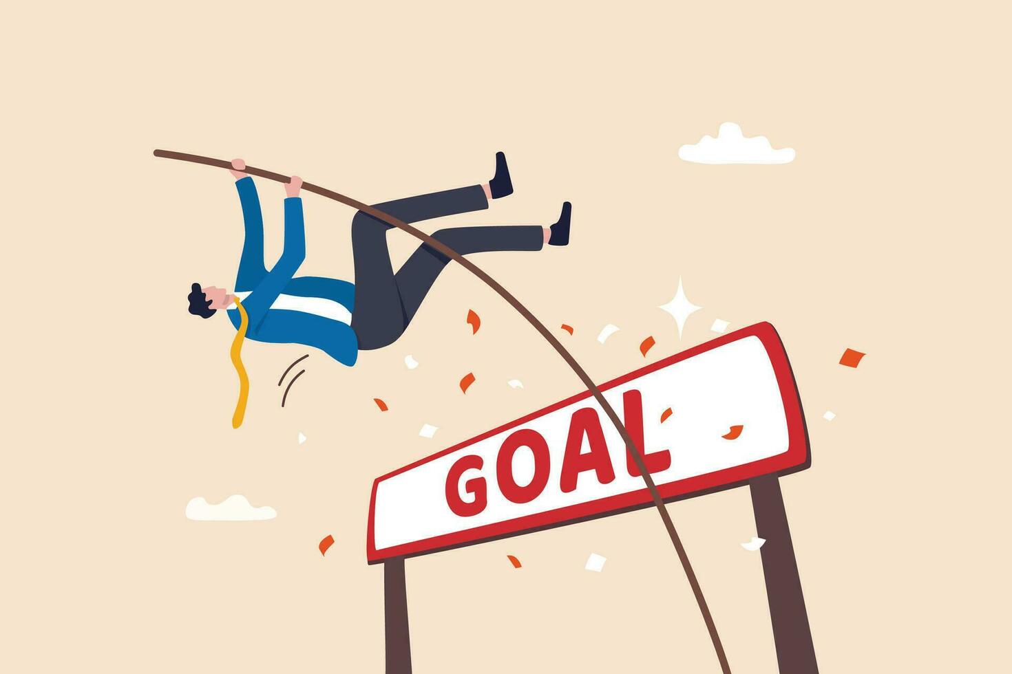 Reach business goal or target, success, achievement or challenge to overcome obstacle and win competition, performance or skill to reach goal, winner concept, businessman pole vault jump reach goal. vector