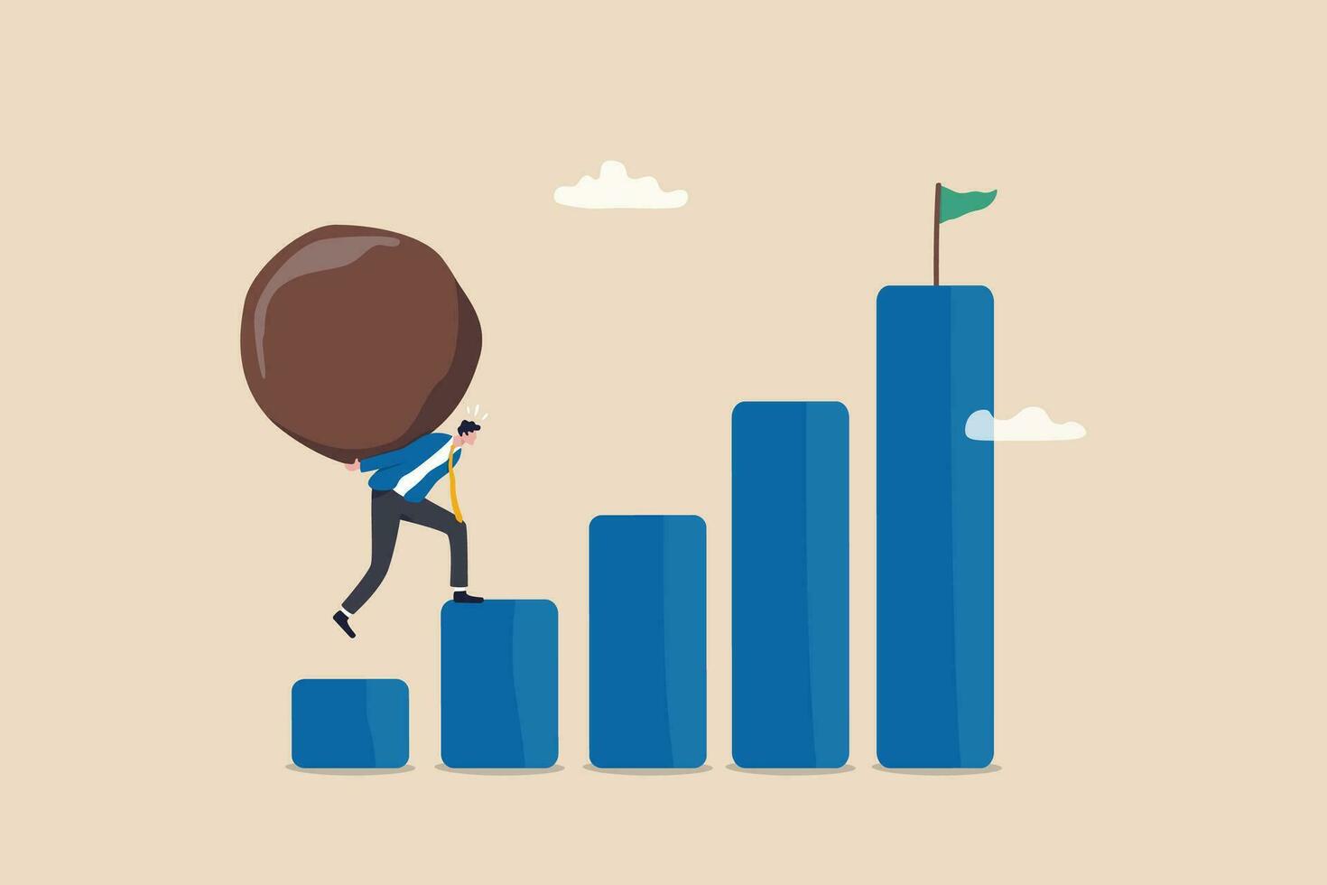 Difficult task, problem or difficulty to achieve success, overcome challenge, over burden or heavy boulder, effort to success concept, exhausted businessman carry heavy boulder step up to success. vector