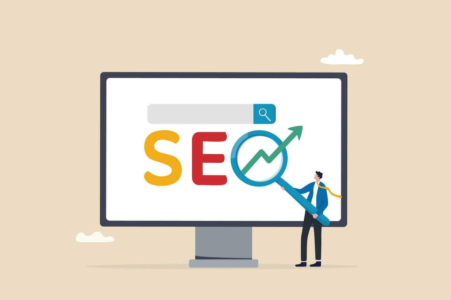 SEO Search Engine Optimization, website search result, advertising or marketing to boost web ranking or user discovery concept, businessman hold magnifying glass on SEO rising arrow search box. vector