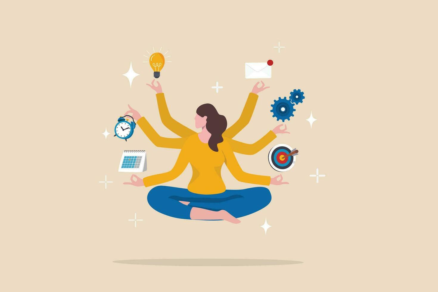 Multitasking or manage project, task or work efficiency, productivity or time management, workload balance or work responsibility concept, productive woman with multiple hands handle multitasking job. vector