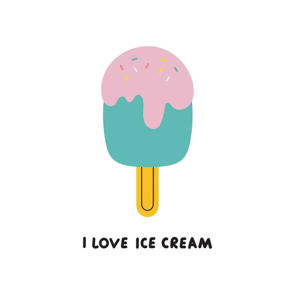 Delicious ice cream. Cartoon style. Vector illustration. For card, posters, banners, books, printing on the pack, printing on clothes, fabric, wallpaper, textile or dishes.