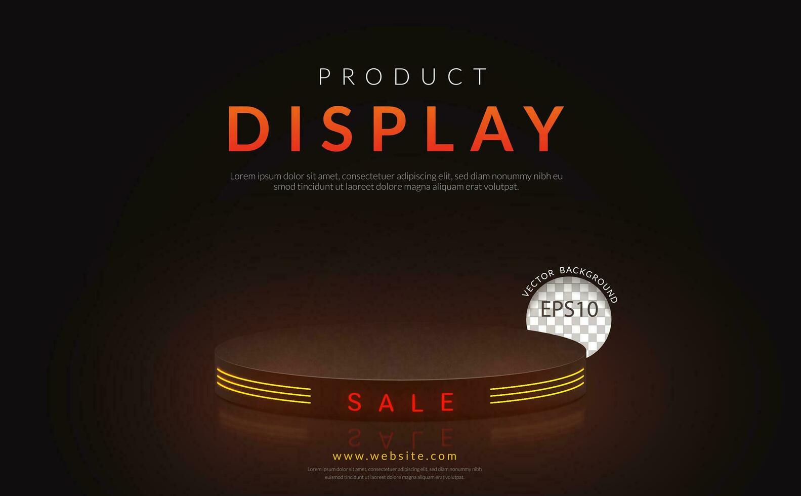 Empty black podium of product display in dark scene with neon light on background. Vector illustration