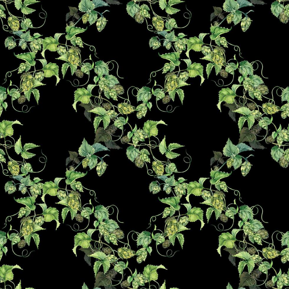 Hop vine, plant humulus watercolor seamless pattern isolated on black background. Hop on brunch with leaves, hop cones hand drawn. Design element for wrapping, label, packaging, paper, textile vector