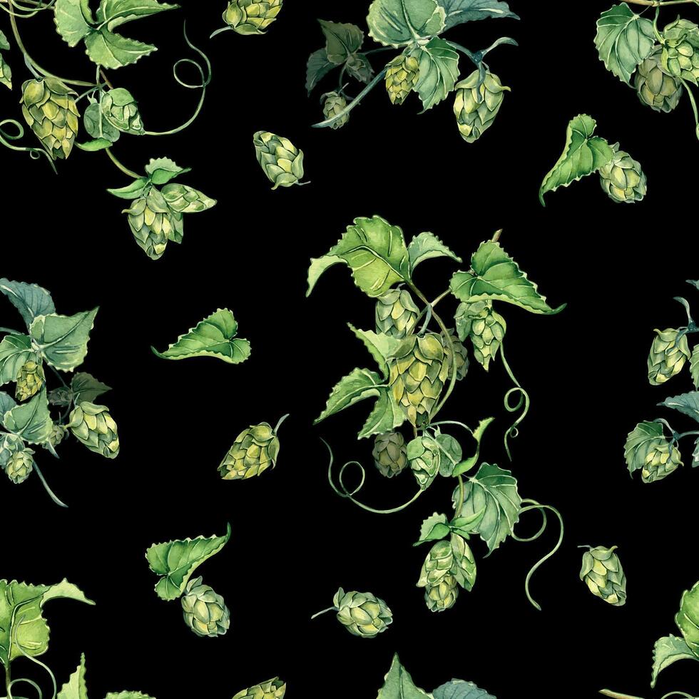 Hop vine, plant humulus watercolor seamless pattern isolated on black background. Hop on brunch with leaves, hop cones hand drawn. Design element for wrapping, label, packaging, paper, textile vector