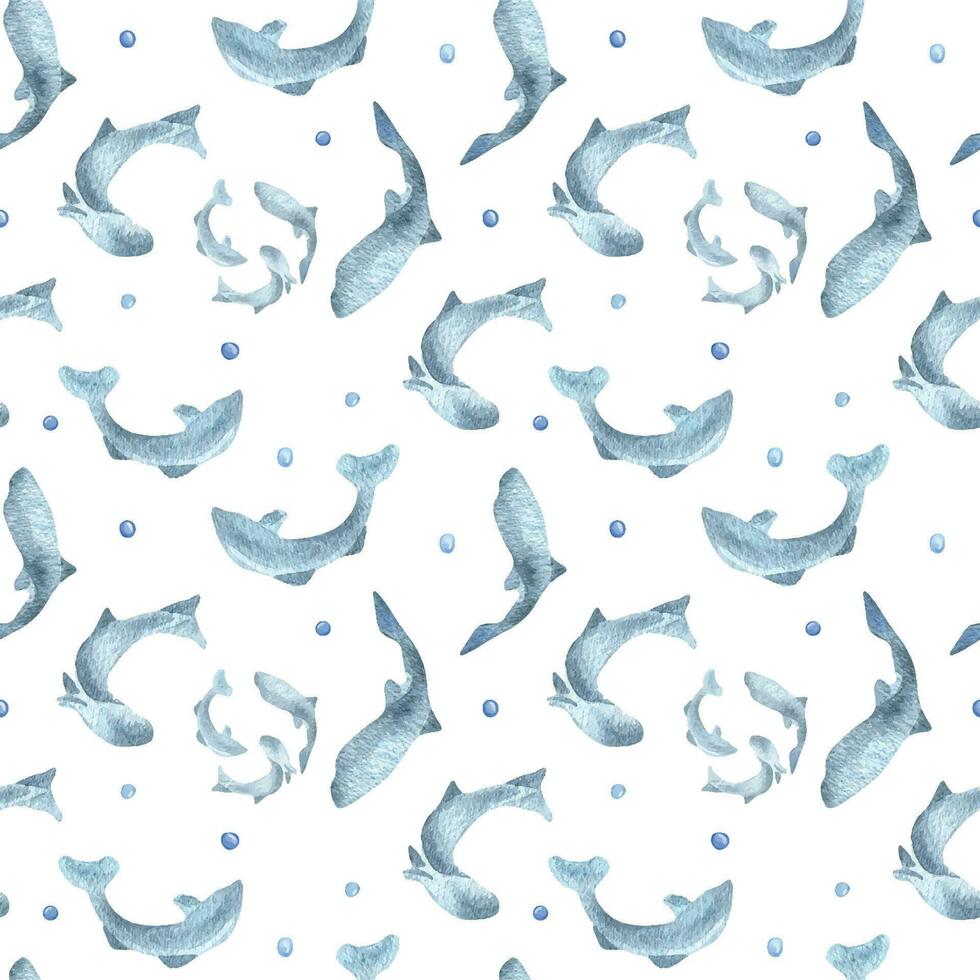 Fish silhouettes salmon, trout watercolor seamless pattern isolated on white background. Swimming wild blue fish hand drawn. Design element for package, label, textile, wrapping, background, print vector