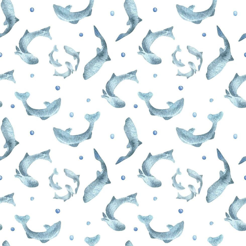 Fish silhouettes salmon, trout watercolor seamless pattern isolated on white background. Swimming wild blue fish hand drawn. Design element for package, label, textile, wrapping, background, print vector