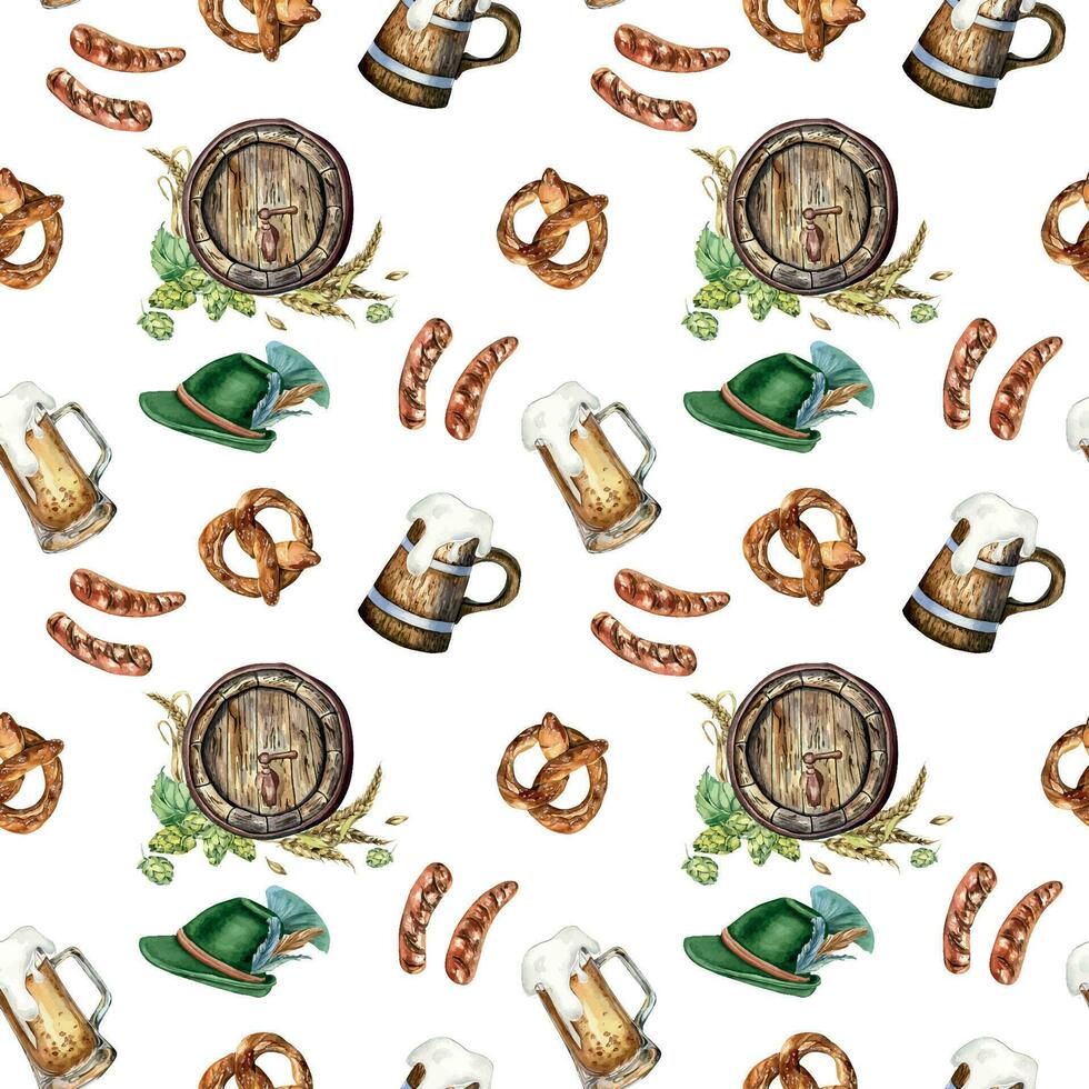 Wooden beer barrel and mug, german hat watercolor seamless pattern isolated on white. Hop, wheat ear, pretzel, sausages hand drawn. Design for brewing, wrapping, label, packaging, paper, background vector