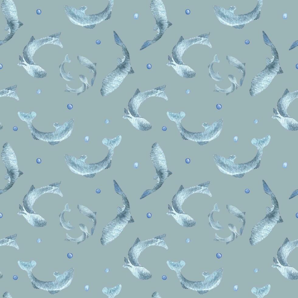 Fish silhouettes salmon, trout watercolor seamless pattern isolated on blue background. Swimming wild blue fish hand drawn. Design element for package, label, textile, wrapping, background, print vector