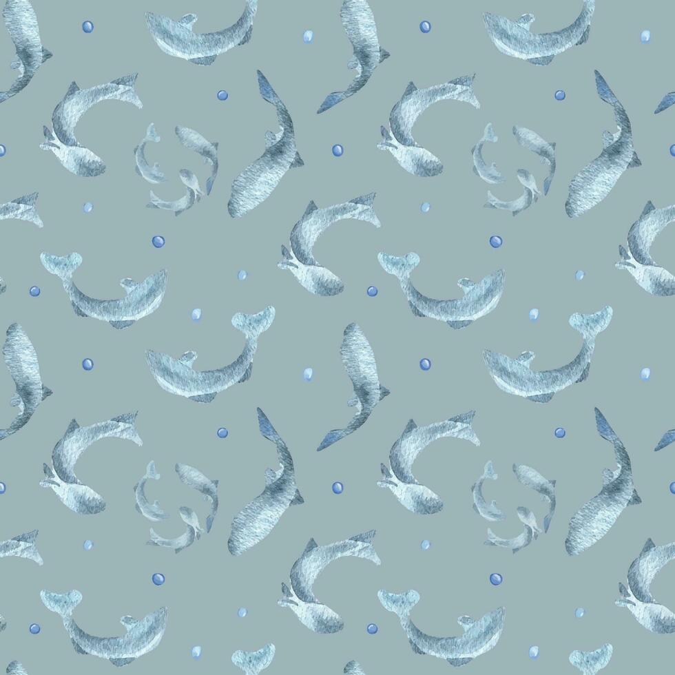 Fish silhouettes salmon, trout watercolor seamless pattern isolated on blue background. Swimming wild blue fish hand drawn. Design element for package, label, textile, wrapping, background, print vector