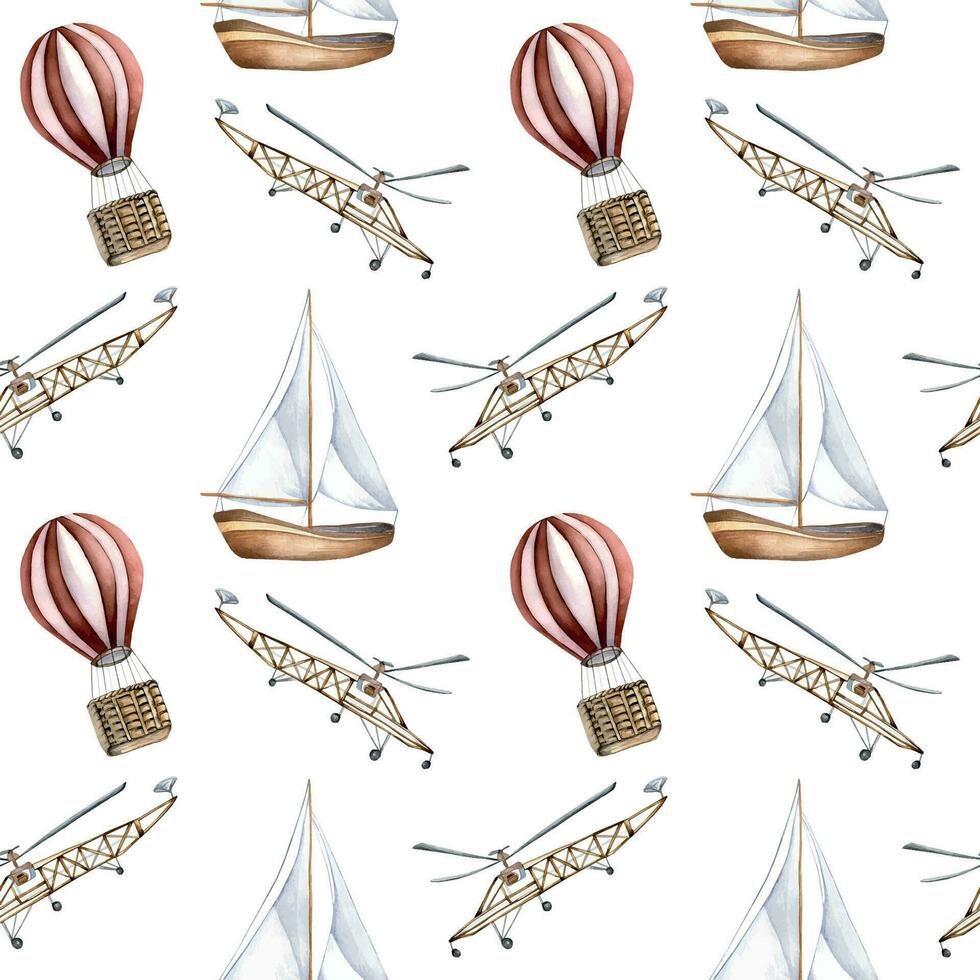 Sailing ship, air balloon, airplane watercolor seamless pattern isolated on white. Boat, aircraft, vessel, aerostat hand drawn. Print for boy, wrapping, textile, vintage style wallpaper, background vector