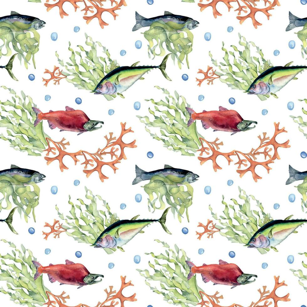 Various wild sea fish seamless pattern watercolor illustration isolated on white. Seaweeds, tuna, salmon, coho, sea plants hand drawn. Design element for textile, packaging, paper, wrapping, banner vector
