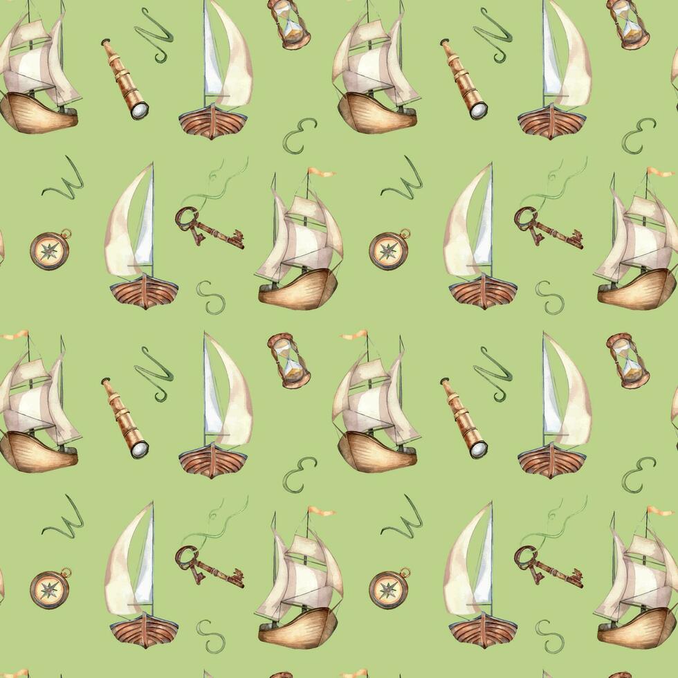 Adventure items, ship watercolor seamless pattern isolated on green. Compass, spyglass, sailboat, rusty key, ship hand drawn. Design boy print, wrapping, textile, vintage style wallpaper, background vector