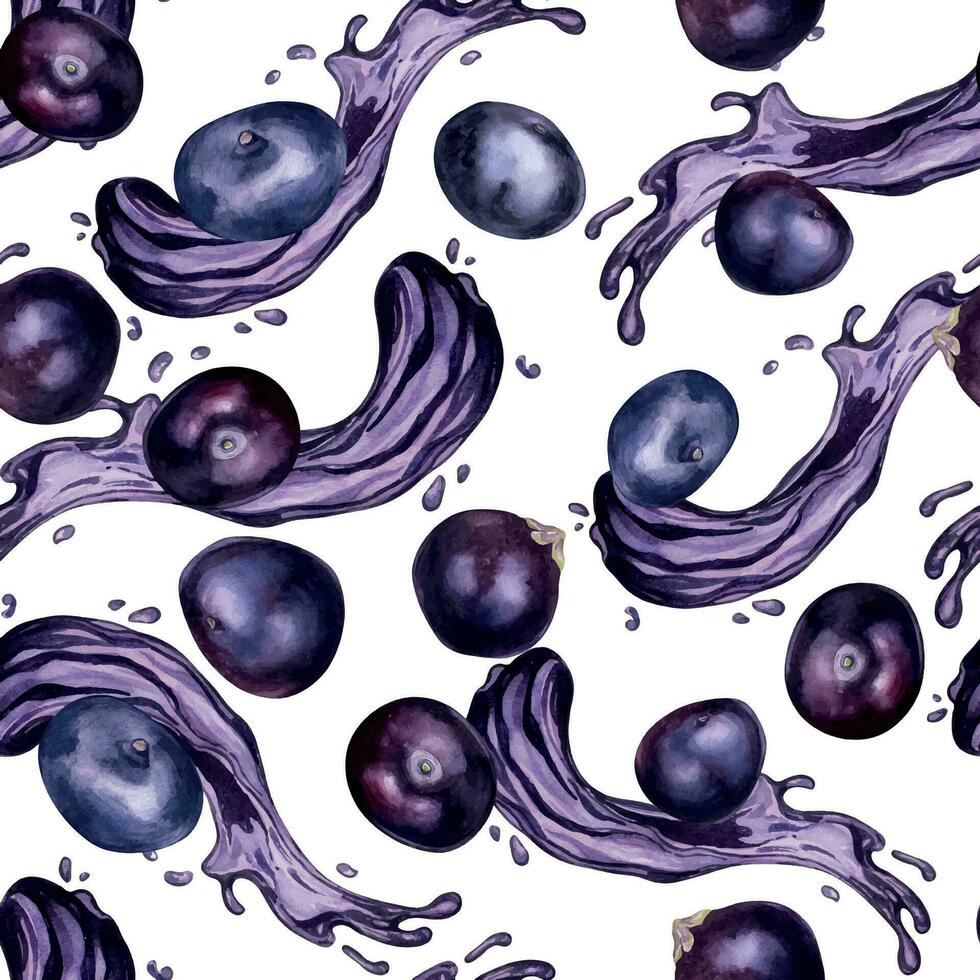 Acai berries on juice splash watercolor seamless pattern isolated on white. Exotic amazon small purple berries, tropical fruit hand drawn. Design element for wrapping, packaging, textile, background vector