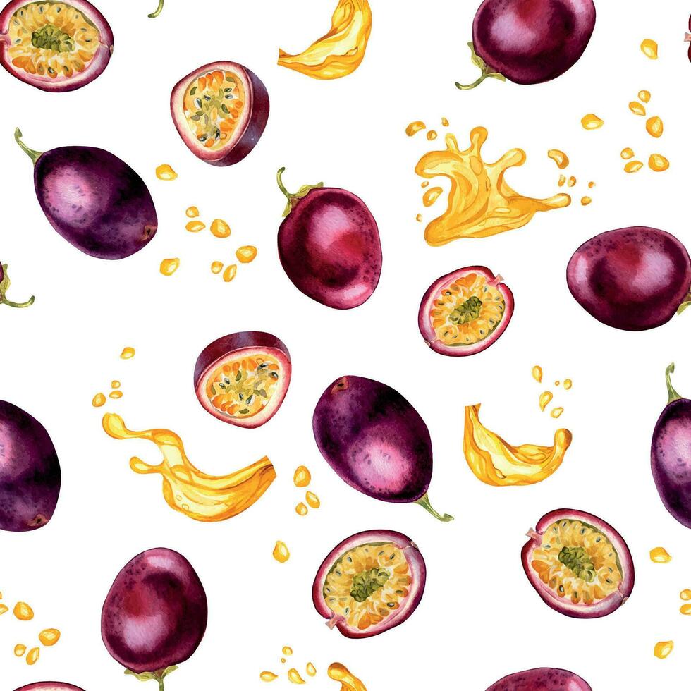 Tropical fruits and juice splash watercolor seamless pattern isolated on white. Piece and whole of maracuya hand drawn. Design for packaging, wrapping, textile, background, paper, tableware vector