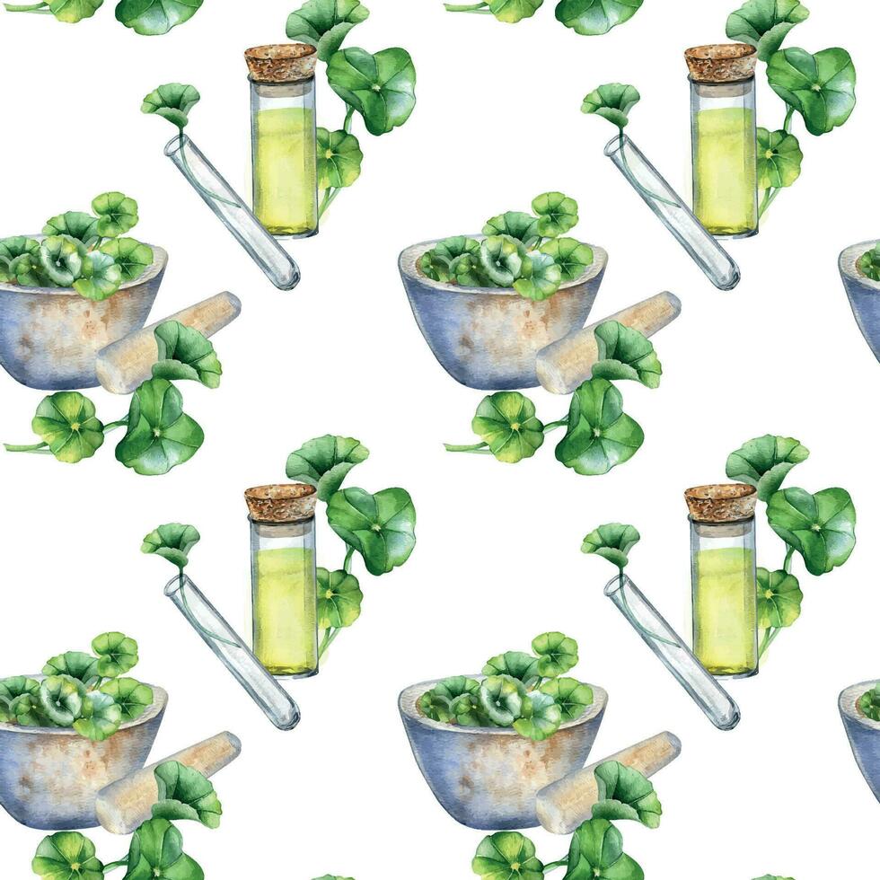 Centella asiatica, essential oils, stone bowl watercolor seamless pattern isolated on white. Mortar, glass flask, test tube, gotu kola hand drawn. Design for package, label, wrapping, background vector