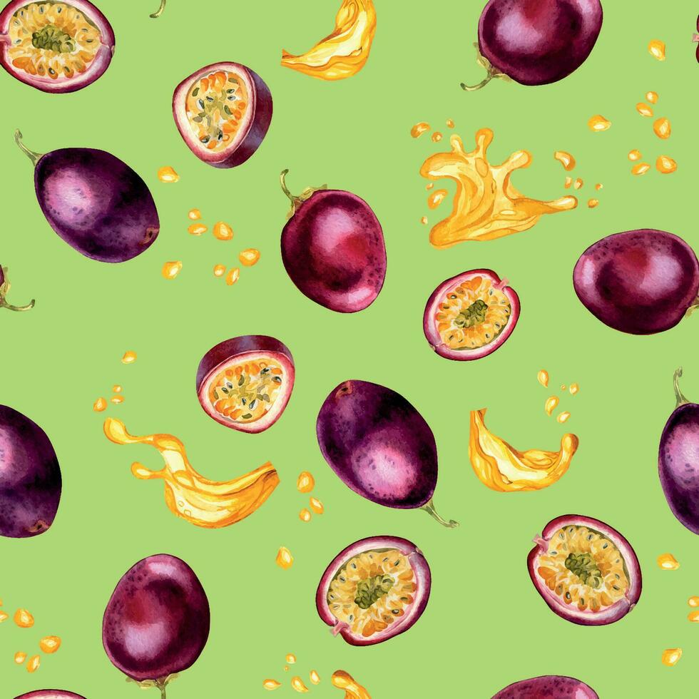 Tropical fruits and juice splash watercolor seamless pattern isolated on green. Piece and whole of maracuya hand drawn. Design for packaging, wrapping, textile, background, paper, tableware vector