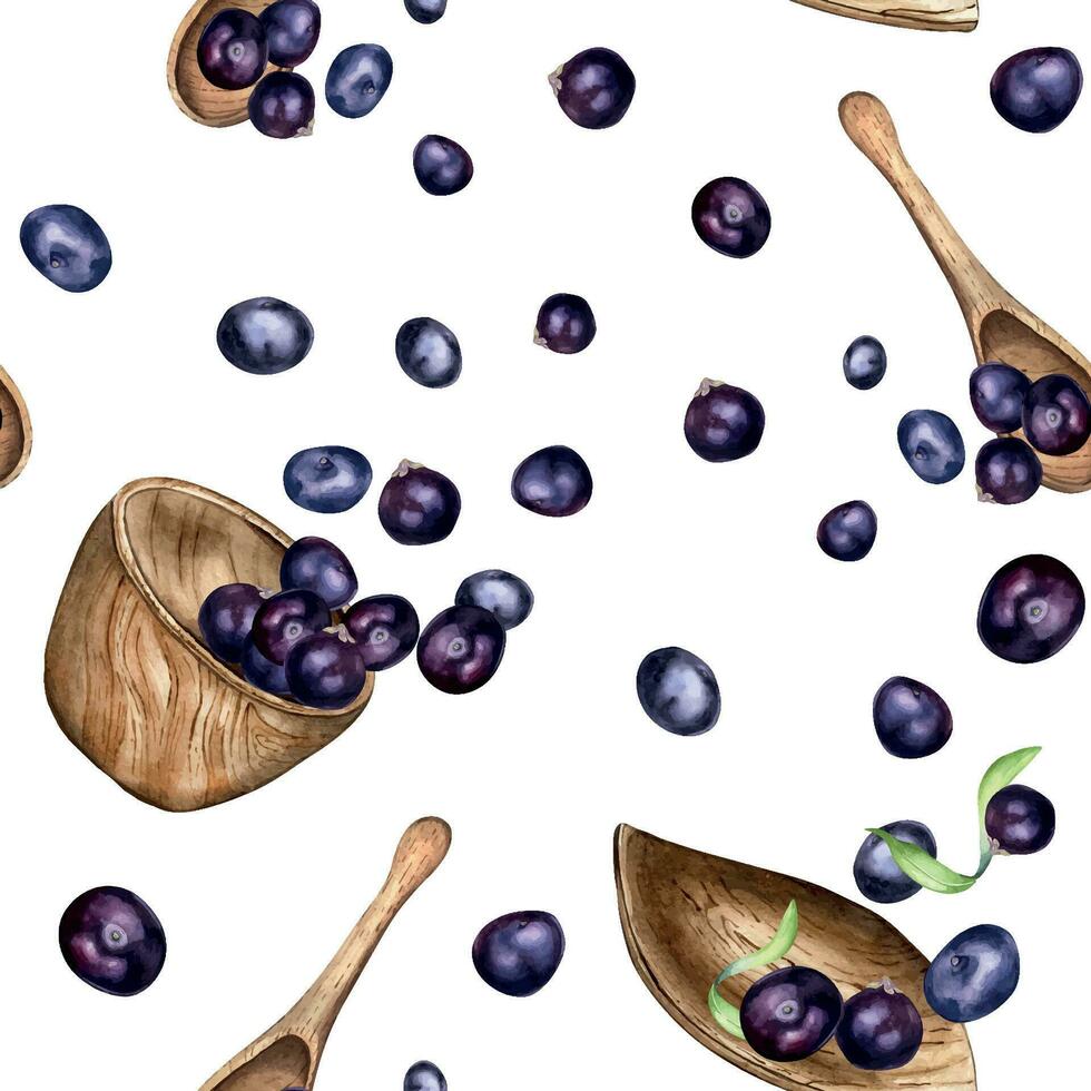 Acai berries in wooden kitchen utensils watercolor seamless pattern isolated on white. Purple berries in a wooden plate, spoon hand drawn. Design element for packaging, paper, textile, background vector