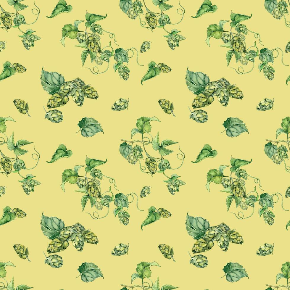 Hop vine, plant humulus watercolor seamless pattern isolated on beige background. Hop on brunch with leaves, hop cones hand drawn. Design element for wrapping, label, packaging, paper, textile vector