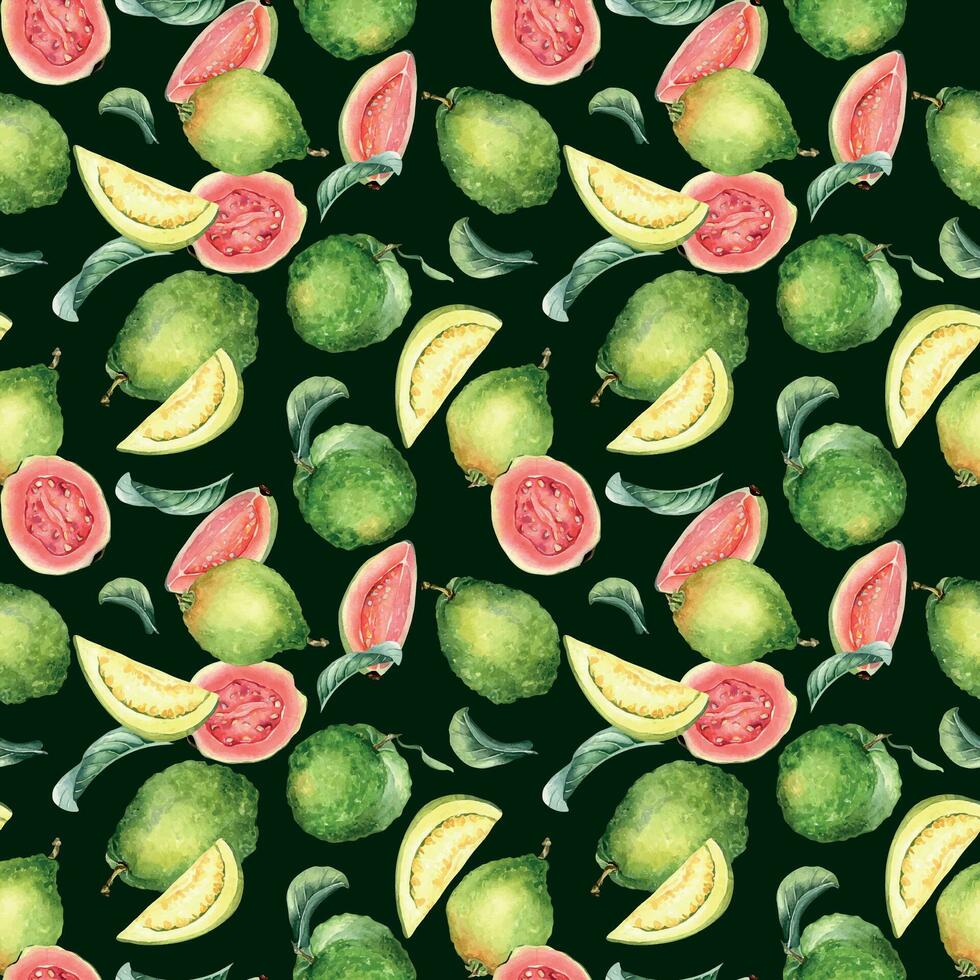 Whole guava and slices, leaves watercolor seamless pattern isolated on black. Tropical fruit, pink, yellow pulp guajava hand drawn. Design for wrapping, packaging, textile, background, wallpaper vector