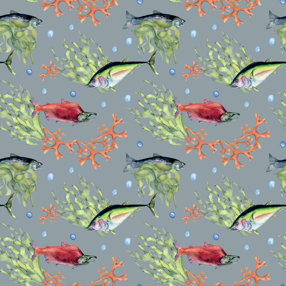 Various wild sea fish seamless pattern watercolor illustration isolated on blue. Seaweeds, tuna, salmon, coho, sea plants hand drawn. Design element for textile, packaging, paper, wrapping, banner vector